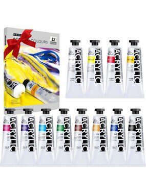 Vibrant 12-Tube Acrylic Paint Set - 2 Oz. Each, Perfect for Artists & Crafters